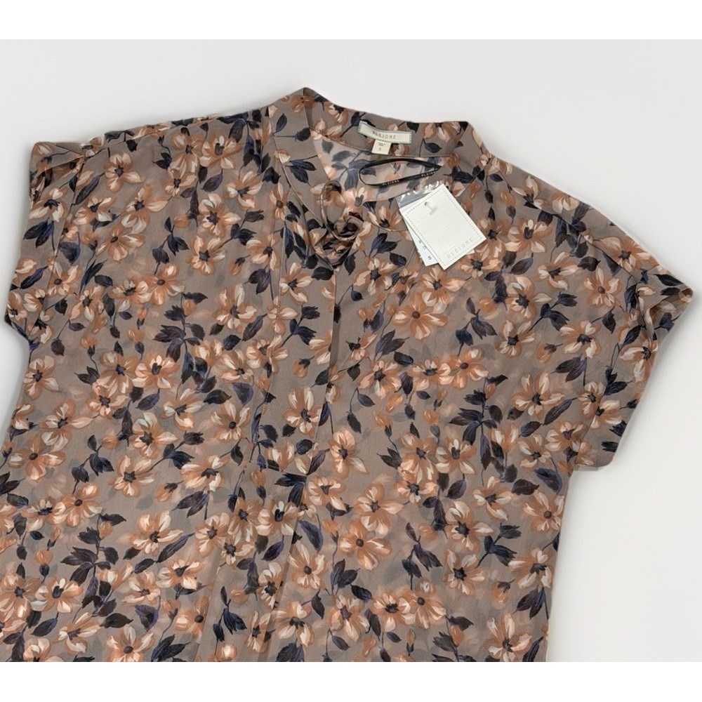 NEW Pleione Top Size Small‎ Floral V Neck Cap Sleeve Pullover Pleated Brown Chic - Picture 2 of 4